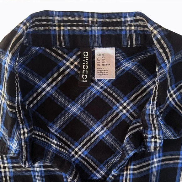 Divided Plaid Oversized Boyfriend Shirt SzXS/S Blue Black Button-Down 90s Grunge - Picture 5 of 7